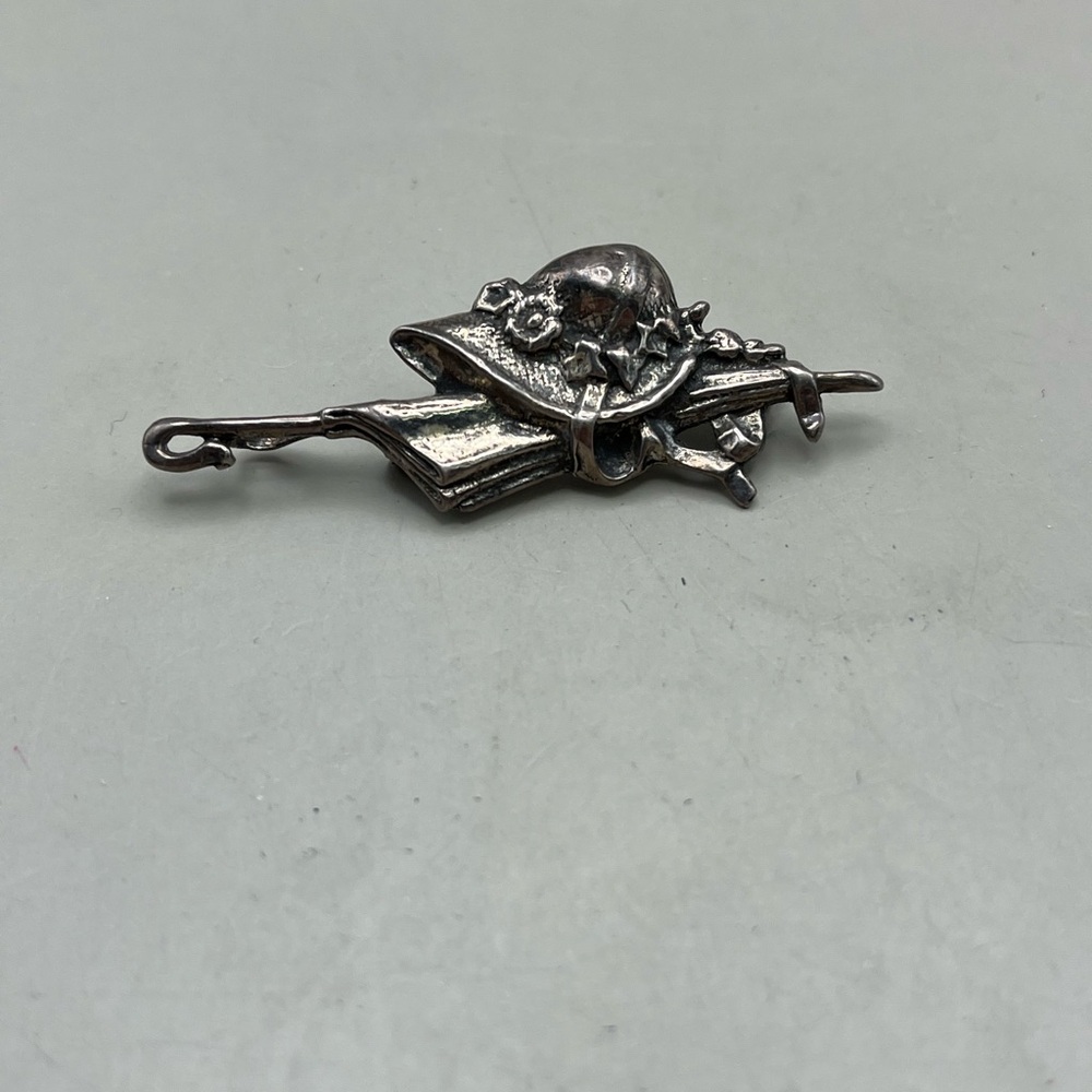 Silver Tone Victorian Hat and Parasol Brooch-Figural Jewelry